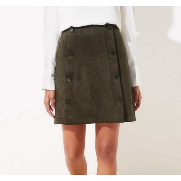 LOFT Dresses & Skirts - LOFT A Line Double Breasted Olive Green Faux Suede Mini Skirt Women's Size 4